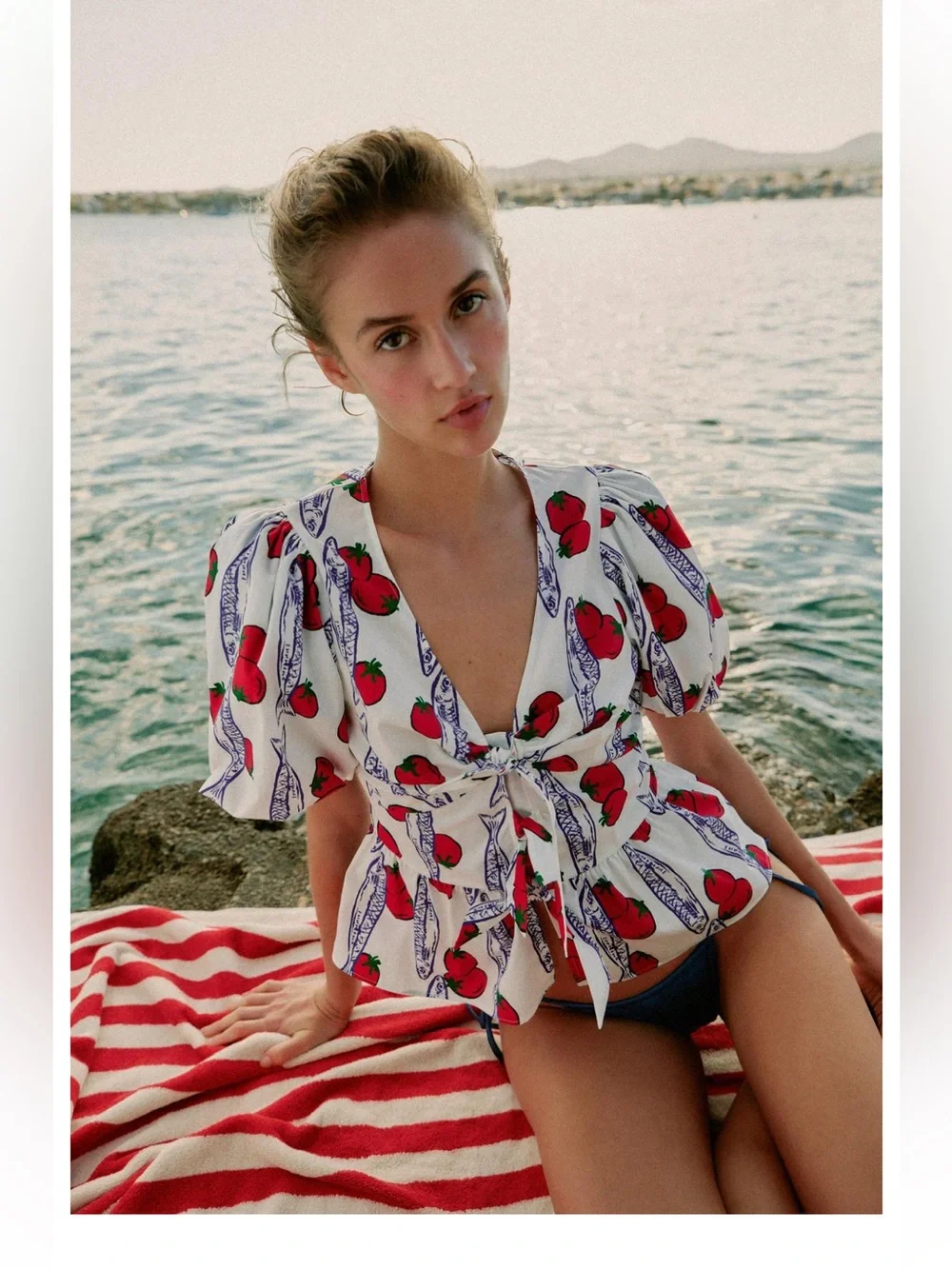 Zara Tomato and Fish Printed Bow Top